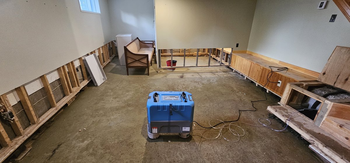 Dried basement room with dehumidifier running, walls stripped to studs after flood cleanup